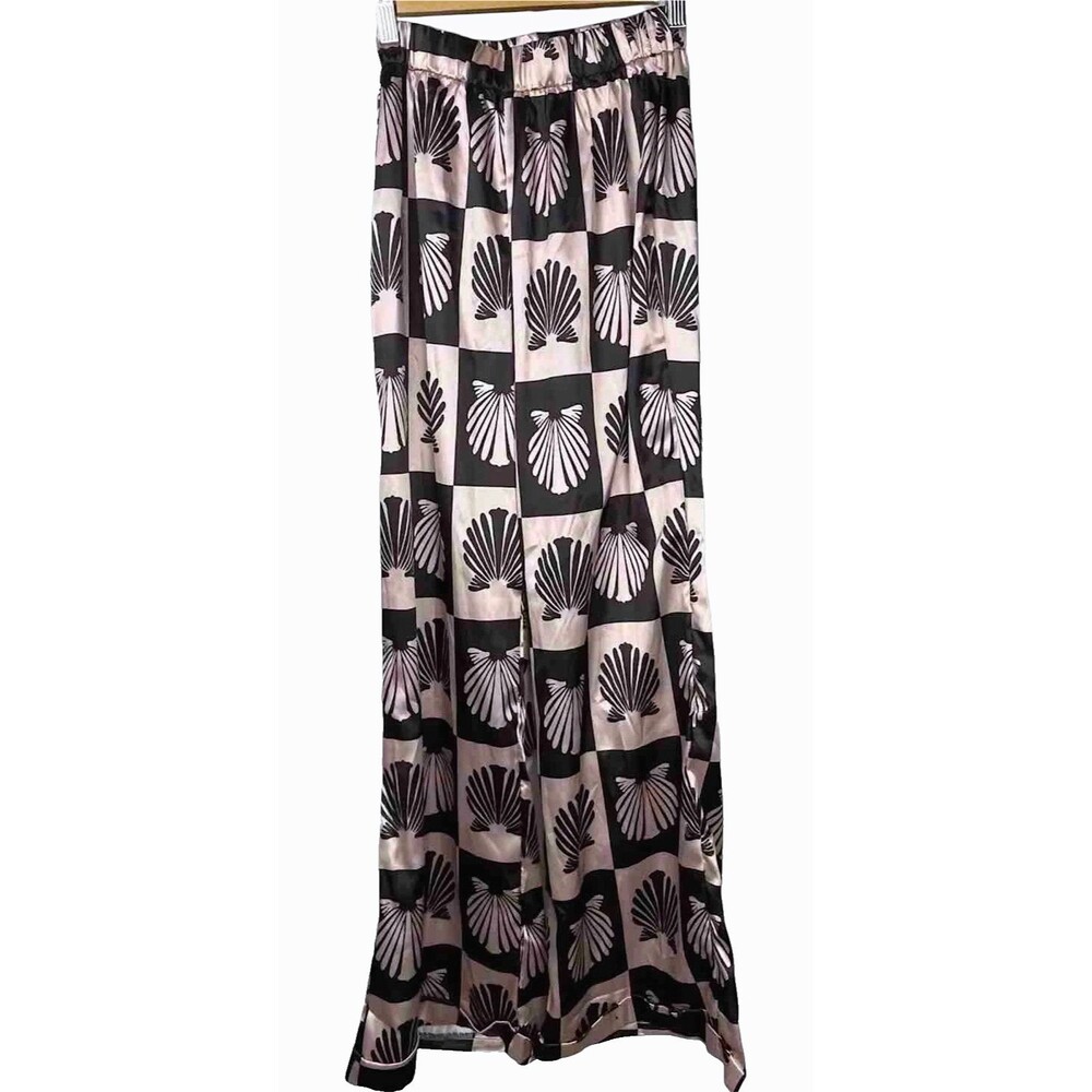 High Rise Wide Leg Satin Pajama Bottoms Pink Black Cuff Seashell Sleepwear Small